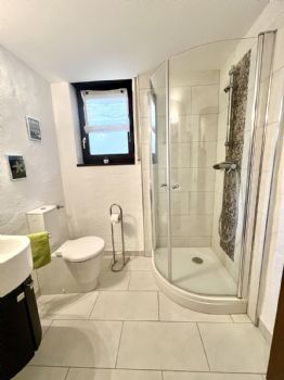 mit Dusche, Handwaschbecken und WC